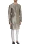 Mitesh Lodha_Grey Raw Silk Plain Asymmetric Classic Kurta  _Online_at_Aza_Fashions