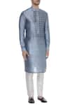 Mitesh Lodha_Blue Raw Silk Plain Chequered Straight Classic Kurta  _Online_at_Aza_Fashions