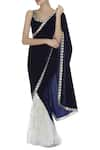 Buy_Rohini Bedi_Blue Velvet Embroidered Round Hand Pre Draped Saree With Sleeveless Blouse _at_Aza_Fashions