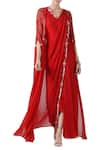 Buy_Limerick by Abirr N' Nanki_Red Silk Georgette V Neck Pre Draped Saree With Embroidered Cape _at_Aza_Fashions