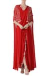 Limerick by Abirr N' Nanki_Red Silk Georgette V Neck Pre Draped Saree With Embroidered Cape _Online_at_Aza_Fashions