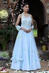 Nitisha Kashyap Official_Blue Net, Silk Mirrors, Beads, Zari Halter Embroidered Anarkali With Dupatta _Online_at_Aza_Fashions