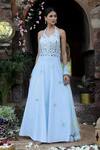 Buy_Nitisha Kashyap Official_Blue Net, Silk Mirrors, Beads, Zari Halter Embroidered Anarkali With Dupatta _Online_at_Aza_Fashions