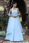 Shop_Nitisha Kashyap Official_Blue Net, Silk Mirrors, Beads, Zari Halter Embroidered Anarkali With Dupatta _Online_at_Aza_Fashions