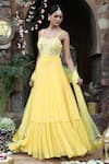 Buy_Nitisha Kashyap Official_Yellow Georgette, Net, Silk Mirrors, Embroidered Tiered Anarkali With Dupatta _Online_at_Aza_Fashions