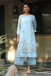 Buy_Desert Shine by Sulochana Jangir_Blue Handwoven Chanderi Embroidered Patchwork Neck Kurta And Pant Set  _Online_at_Aza_Fashions