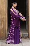 Shop_Nitisha Kashyap Official_Purple Georgette, Silk Beads, Mirrors Split Balloon Sleeve Cape Gharara Set _Online_at_Aza_Fashions