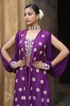 Nitisha Kashyap Official_Purple Georgette, Silk Beads, Mirrors Split Balloon Sleeve Cape Gharara Set _at_Aza_Fashions