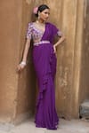 Nitisha Kashyap Official_Purple Uppada Silk Mirror Blouse Pre-draped Ruffle Saree Set  _Online_at_Aza_Fashions