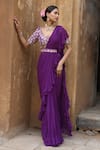 Buy_Nitisha Kashyap Official_Purple Uppada Silk Mirror Blouse Pre-draped Ruffle Saree Set  _at_Aza_Fashions