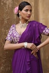 Shop_Nitisha Kashyap Official_Purple Uppada Silk Mirror Blouse Pre-draped Ruffle Saree Set  _Online_at_Aza_Fashions