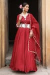 Buy_Nitisha Kashyap Official_Maroon Organza, Taffeta Mirrors, Beads, Zari, Floral Sleeve Anarkali Set _Online_at_Aza_Fashions