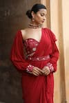 Buy_Nitisha Kashyap Official_Maroon Uppada Silk Embroidery Pre-draped Ruffle Saree Bustier Set  _Online_at_Aza_Fashions