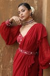 Nitisha Kashyap Official_Maroon Uppada Silk Embroidery Pre-draped Ruffle Saree Bustier Set  _at_Aza_Fashions