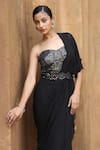 Shop_Nitisha Kashyap Official_Black Georgette, Silk Mirrors Sweetheart Embroidered Blouse Pre-draped Saree Set _Online_at_Aza_Fashions