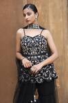 Shop_Nitisha Kashyap Official_Black Georgette, Net, Silk Mirrors, Embroidery, Floral Peplum Kurta Gharara Set _Online_at_Aza_Fashions