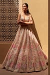 Buy_Seema Gujral_Beige Net V Neck Floral Applique Bridal Lehenga Set  _at_Aza_Fashions