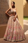 Shop_Seema Gujral_Beige Net V Neck Floral Applique Bridal Lehenga Set  _at_Aza_Fashions