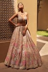 Seema Gujral_Beige Net V Neck Floral Applique Bridal Lehenga Set  _Online_at_Aza_Fashions