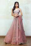 Buy_Izzumi Mehta_Pink Lehenga And Blouse Organza Dupatta Net Leaf Neck Embellished Bridal Set _at_Aza_Fashions