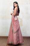 Shop_Izzumi Mehta_Pink Lehenga And Blouse Organza Dupatta Net Leaf Neck Embellished Bridal Set _at_Aza_Fashions