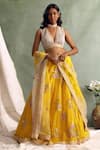 Buy_Priyanka Jain_Yellow Organza V Neck Embroidered Lehenga Set _at_Aza_Fashions