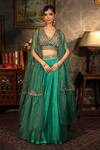 Buy_Laxmishriali_Emerald Green Organza Print And Embroidery Ruffled Cape Lehenga Set For Women_at_Aza_Fashions