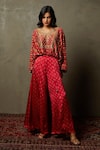 Buy_RI.Ritu Kumar_Red Silk Satin Embroidered Floral Pattern V Neck Top And Palazzo Set _Online_at_Aza_Fashions