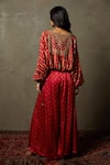 RI.Ritu Kumar_Red Silk Satin Embroidered Floral Pattern V Neck Top And Palazzo Set _Online_at_Aza_Fashions