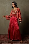 RI.Ritu Kumar_Red Silk Satin Embroidered Floral Pattern V Neck Top And Palazzo Set _at_Aza_Fashions