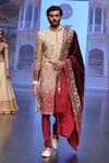 Buy_Soniya G_Wine Raw Silk Embroidery Floral Sherwani Set _at_Aza_Fashions