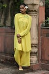 Buy_Desert Shine by Sulochana Jangir_Yellow Handwoven Chanderi Hand Embroidered Resham Round Kurta And Pant Set _Online_at_Aza_Fashions