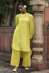 Buy_Desert Shine by Sulochana Jangir_Yellow Handwoven Chanderi Hand Embroidered Resham Round Kurta And Pant Set _at_Aza_Fashions