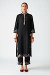 Buy_Payal Pratap_Black Linen Floral Motifs, Thread Work Moarea Embroidered Kurta And Pant Set _at_Aza_Fashions