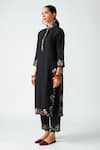 Payal Pratap_Black Linen Floral Motifs, Thread Work Moarea Embroidered Kurta And Pant Set _Online_at_Aza_Fashions