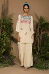 Buy_Samatvam By Anjali Bhaskar_Beige Cotton, Banana Fabric Round Hand Embroidered Kurta Pant Set _at_Aza_Fashions