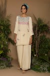 Shop_Samatvam By Anjali Bhaskar_Beige Cotton, Banana Fabric Round Hand Embroidered Kurta Pant Set _at_Aza_Fashions