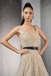 Rohit Gandhi + Rahul Khanna_Beige Tulle Sequins, Crystals V-neck Mist Skyfall Ombre Gown With Belt _Online_at_Aza_Fashions
