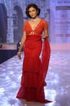 Rina Dhaka_Red Cotton Embroidery Floral V Neck Pleated Tiered Saree With Blouse _at_Aza_Fashions