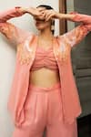 Buy_Richa Jaisinghani Label_Peach Georgette And Net Embroidery Beads V Neck Jacket & Flared Pant Set  _Online_at_Aza_Fashions