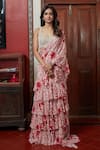 Buy_Arpita Mehta_Red Georgette Embroidered Floral V Neck Garden Print Ruffle Saree With Blouse _Online_at_Aza_Fashions