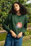 Ode To Odd_Green Cotton Fleece Hand Embroidered Thread Work Rose Sweatshirt  _Online_at_Aza_Fashions