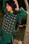 Shop_Ode To Odd_Green Silk Organza Hand Aari Embroidered Crystal Floral Checkered Bib  _Online_at_Aza_Fashions