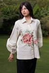 Ode To Odd_Beige Cotton Poplin Floral Embroidered Shirt_Online_at_Aza_Fashions
