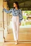 B'Infinite_White Crepe Print Leaves Peter Pan Collar Leaf Shirt And Trouser Set_Online_at_Aza_Fashions