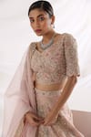 Buy_Smriti by Anju Agarwal_Pink Tissue Silk Embroidery Floral V Neck Starlight Lehenga Set _Online_at_Aza_Fashions