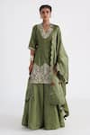 Buy_Smriti by Anju Agarwal_Green Kurta- Chanderi And Taffeta Embroidered Floral Jaal V Neck Sharara Set _at_Aza_Fashions