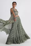 Smriti by Anju Agarwal_Green Cape And Pant- Viscose & Taffeta Embroidered Printed & Tiered Flared Set _at_Aza_Fashions