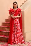 Shop_Dheeru Taneja_Red Crepe Printed Floral V Aalia Pant Saree With Ruffle Sleeve Blouse  _Online_at_Aza_Fashions