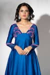 Buy_The Aarya_Blue Chanderi, Viscose, Organza Embroidery V-neck Anarkali Pant Set _Online_at_Aza_Fashions